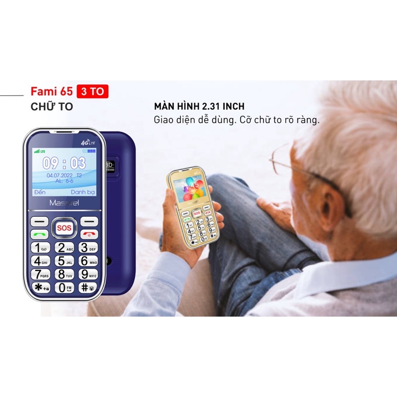 Điện thoại dành cho người già Masstel Fami 65 4G  loa to chữ to - hàng chính hãng, full hộp , New 100%