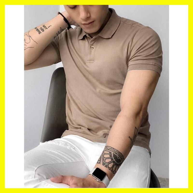 Áo phông cộc tay nam cổ bẻ chất cotton màu xanh lơ nhạt dáng vừa phù hợp với nhiều lứa tuổi