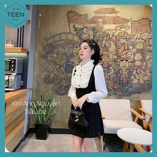 😍SIÊU PHẨM😍 Váy Dạ Kẻ Ngang- Cổ Bèo Đính Cúc - Váy Dạ 2 Màu Trắng, Đen Full Size Tiểu Thư Siêu Xinh