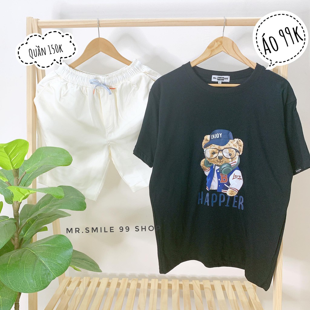 [HÌNH THẬT] Áo Thun Unisex Nam Nữ Tay Lỡ From Rộng Gấu CUTE Mr Smile 99
