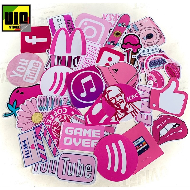 Sticker màu hồng dán mũ bảo hiểm, máy tính., vali.... In theo yêu cầu