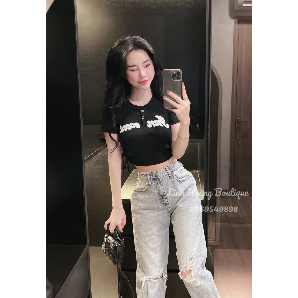 Áo croptop dây rút 2 bên cổ tròn họa tiết chữ LT250