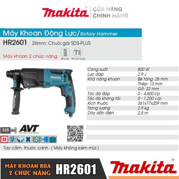 [Hàng Chính Hãng] Máy Khoan Búa Đa Năng Makita HR2601 (26MM-800W), Bảo Hành Toàn Quốc