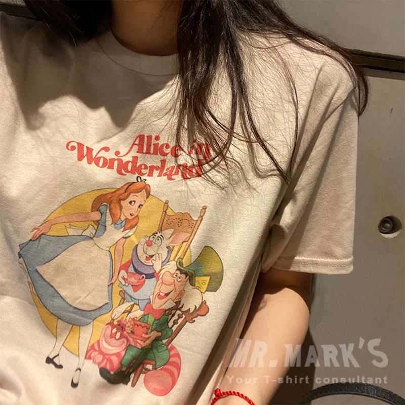 Áo thun XINLANYASHE tay ngắn dáng rộng in hoạt hình kiểu Hồng Kông retro dễ thương cho nữ