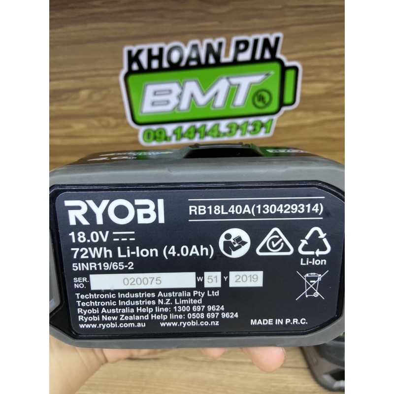 PIN RYOBI 18V 4Ah  RB18L40A hàng Mỹ