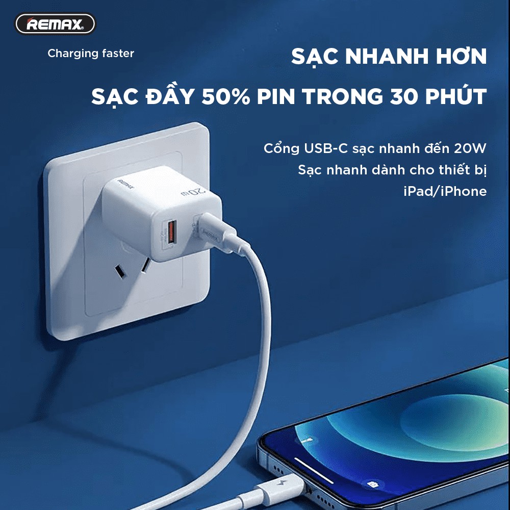 Củ sạc nhanh 20W remax RP-U88, chíp sạc thông minh sạc nhanh an toàn - Bảo hành 6 tháng