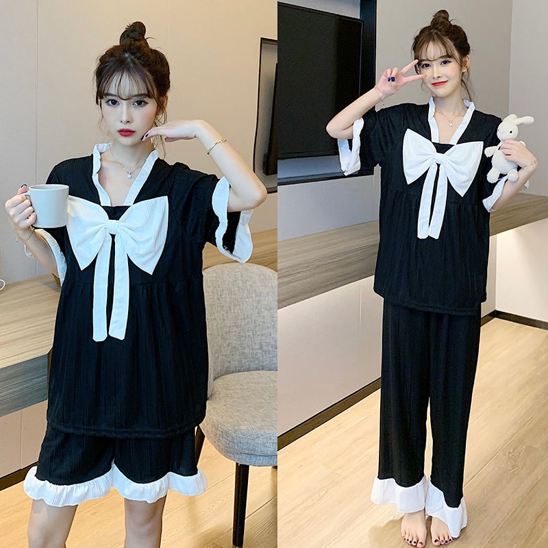 Bộ Đồ Ngủ Tay Ngắn Dáng Rộng Phối Nơ Dễ Thương Thời Trang Mùa Hè Cho Nữ