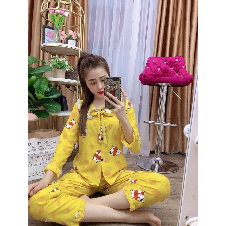 Bộ  bộ pijama cổ bèo tiểu thư, cột nơ họa tiết bò sữa