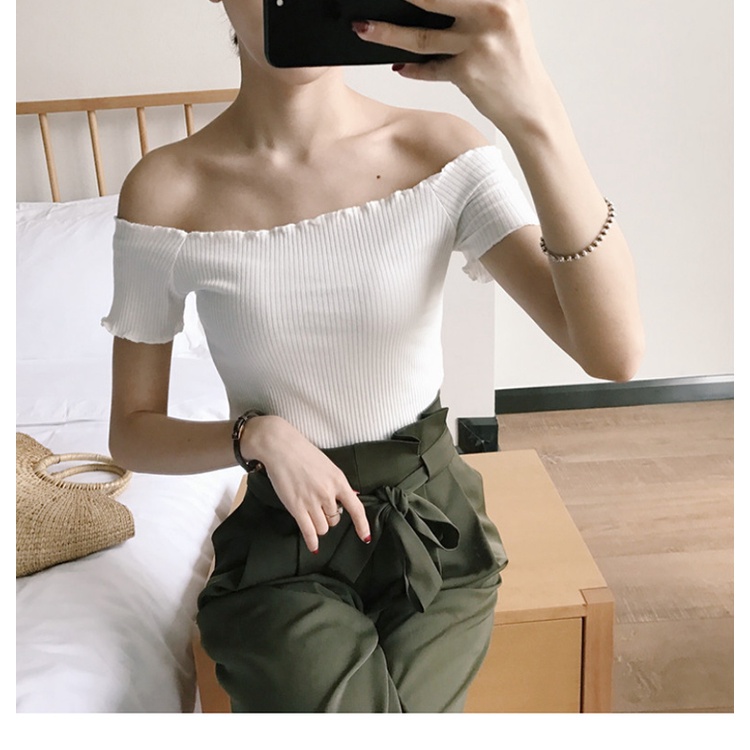 Happy-store ❤️ Áo Croptop Dệt Kim Tay Ngắn Thiết Kế Trễ Vai Nữ Tính