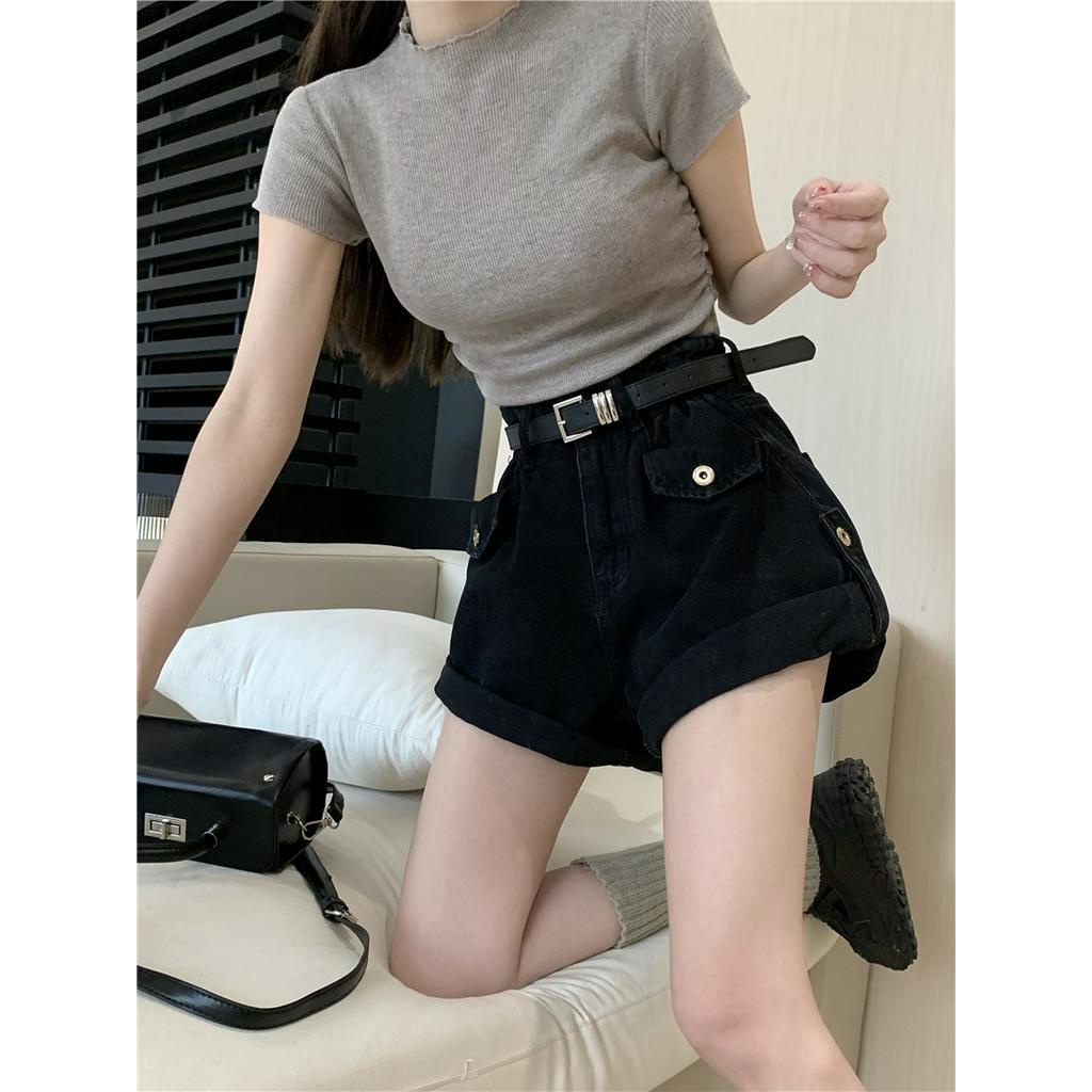 Quần Short Denim Lưng Cao Ống Rộng Dáng Chữ A Phối Thắt Lưng Thời Trang Cá Tính