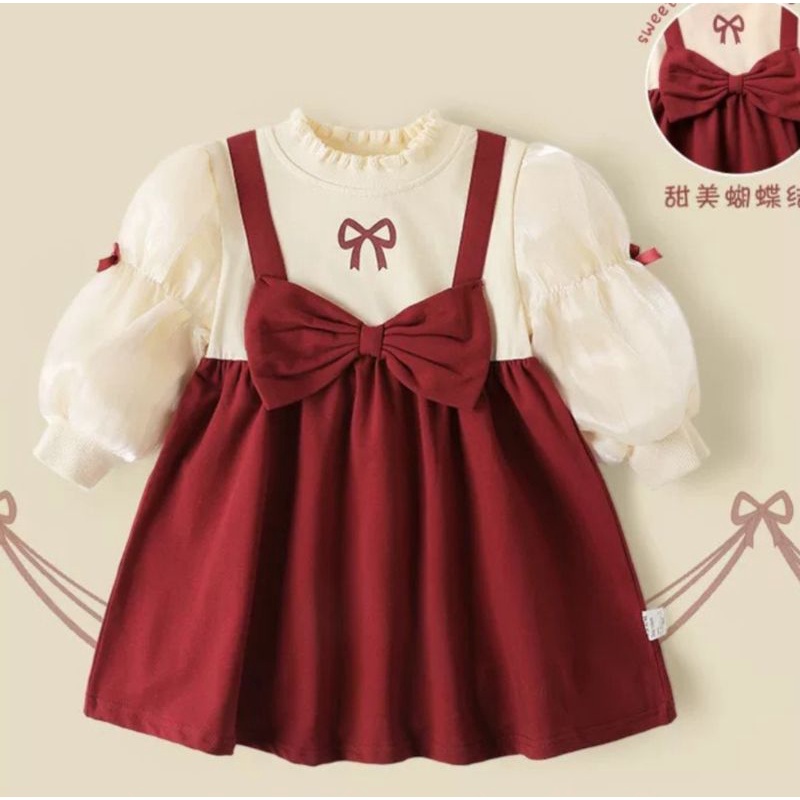 Set Áo Tay Bồng Kèm Váy Nhung Nơ Xinh Bé Gái Chất đẹp