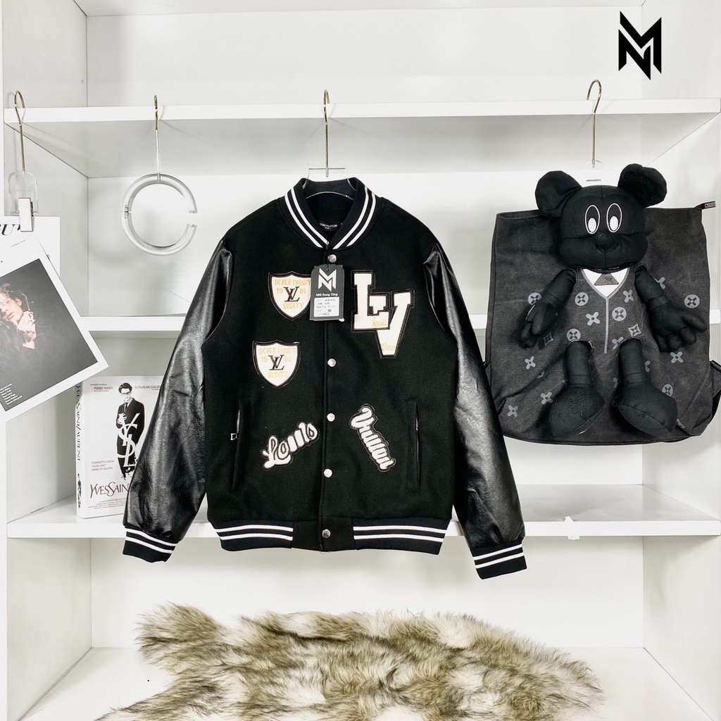 Áo khoác nỉ bomber LV phối tay da logo vá wash hàng cao cấp