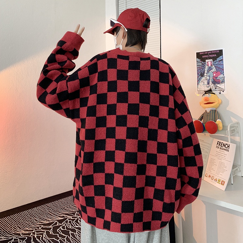 Áo sweater dệt kim dáng rộng in họa tiết bàn cờ thời trang đường phố Mỹ cổ điển giản dị cho nam