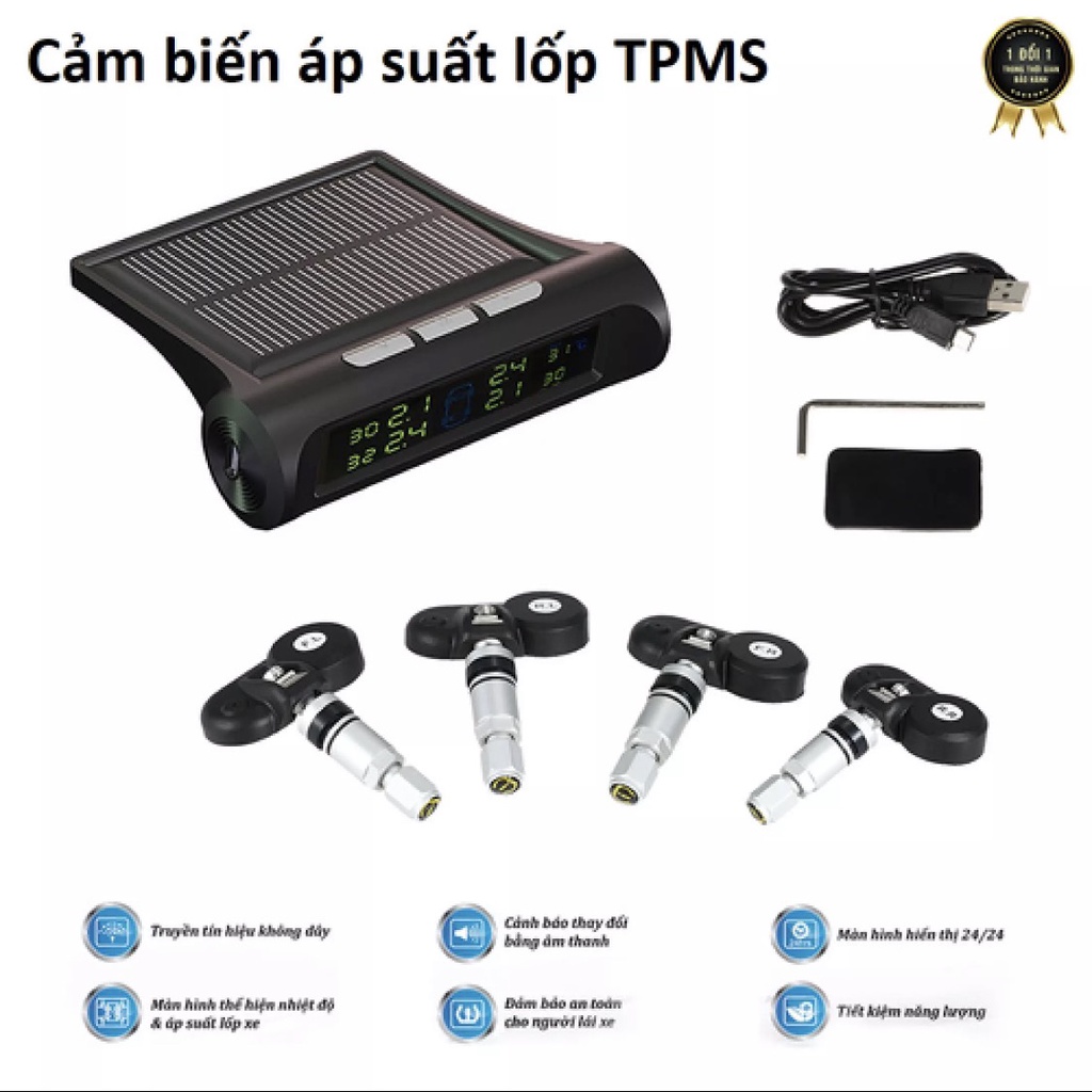 Cảm biến áp suất lốp TPMS van TRONG màn hình LED đa sắc bản quốc tế pin NL mặt trời BH 12 tháng