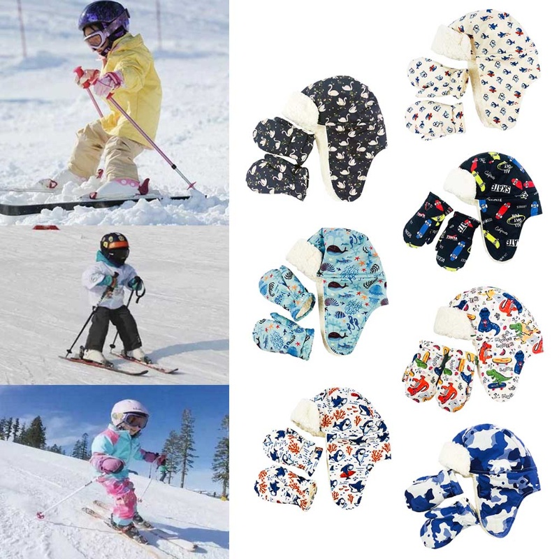 Set 2 Găng Tay Chống Nước Họa Tiết Hoạt Hình Giữ Ấm Mùa Đông Cho Trẻ Em
