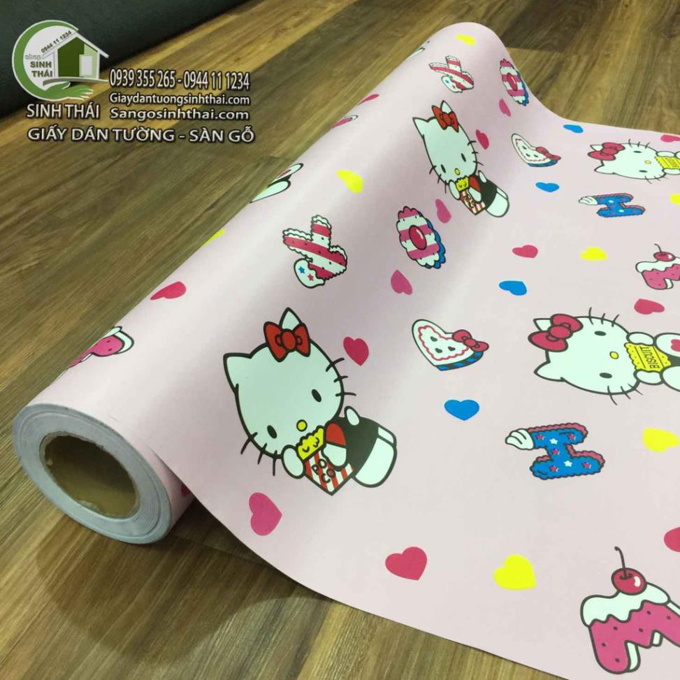 Giấy dán tường hello kitty màu hồng, khổ 90cm có sẵn keo