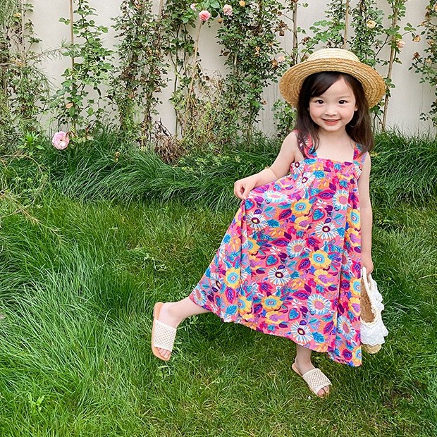 Đầm Hai Dây In Hoa Phong Cách Hàn Quốc Thời Trang Mùa Hè Cho Bé Gái