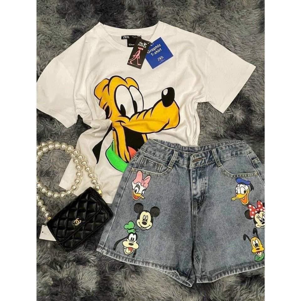 [SET ĐỒ BỘ] Set Trang Phục Nữ, Set Đồ Nữ Áo Phông Trắng+ Quần Jeans Hình Hoạt Hình_Năng Động | BigBuy360 - bigbuy360.vn