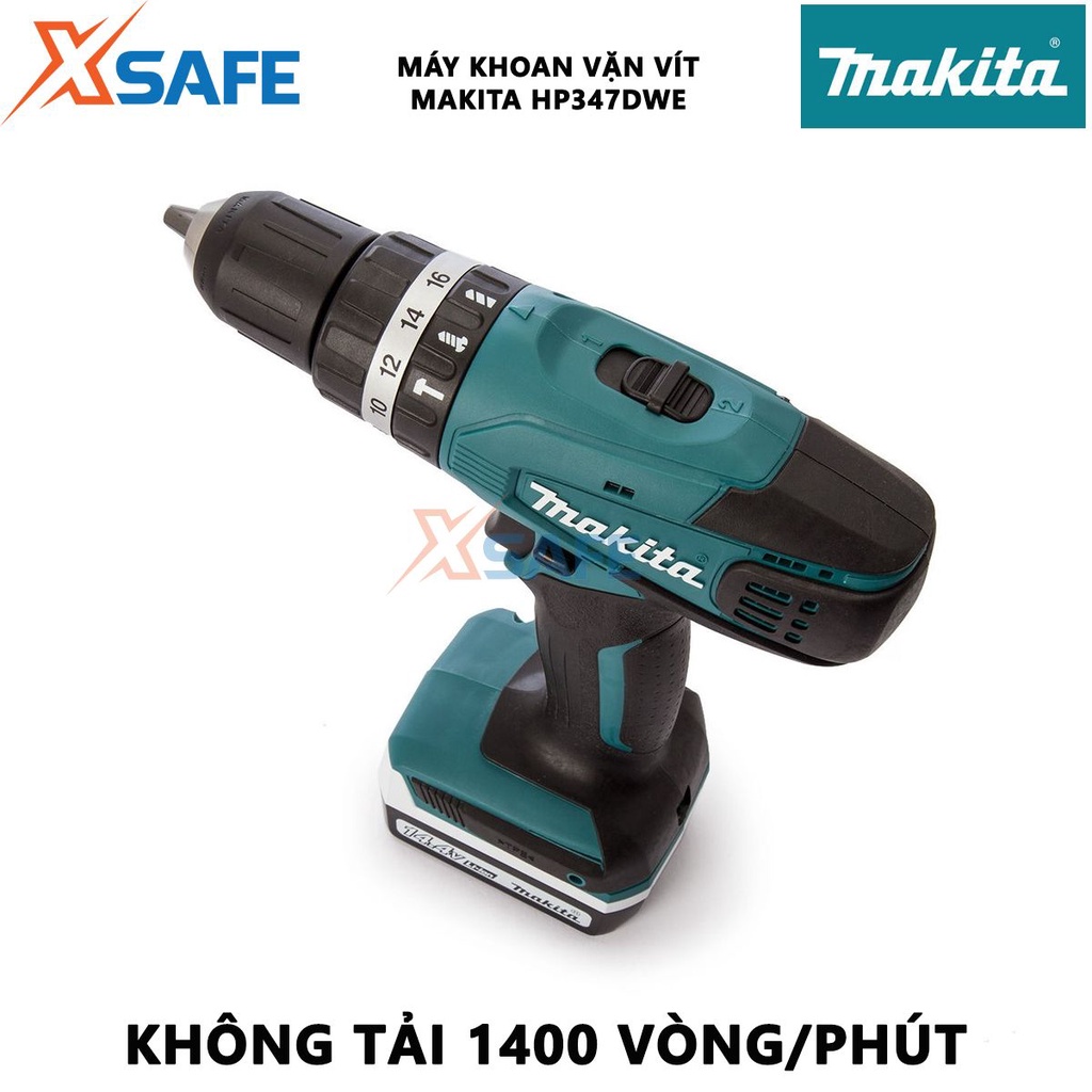 Máy khoan pin cầm tay MAKITA HP347DWE điều tốc, công tắc đảo chiều, kèm 2 pin 1 sạc - chính hãng - xsafe