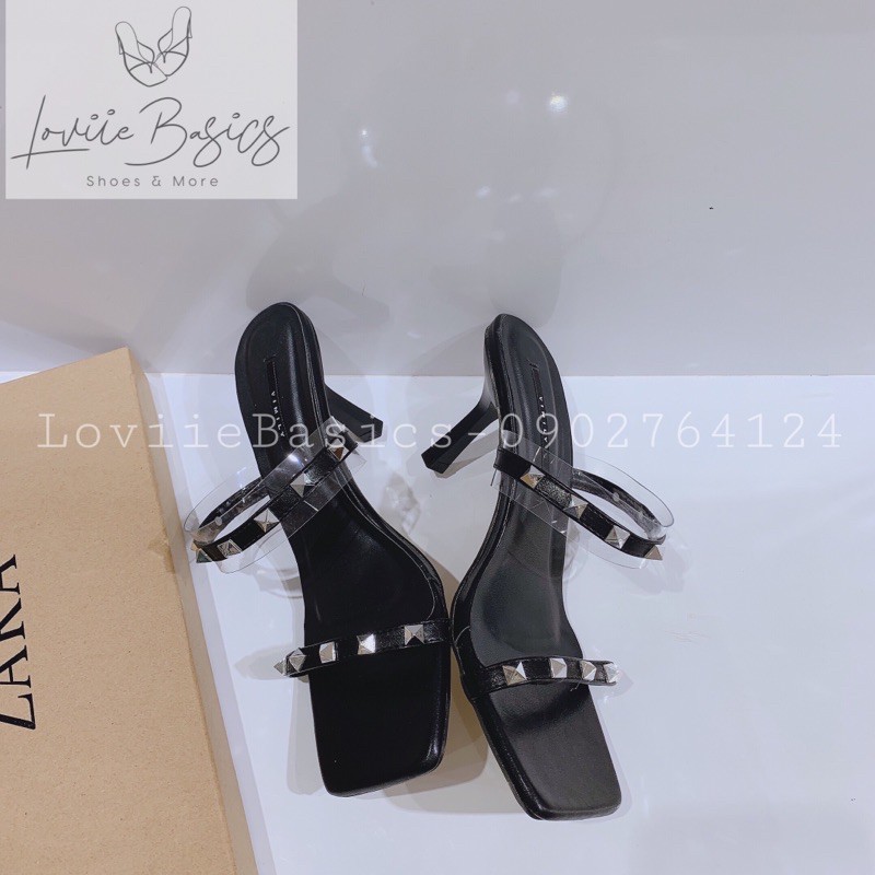 LOVIIE BASICS - DÉP NỮ CAO GÓT THỜI TRANG QUAI MÃNH ĐINH  MŨI VUÔNG 9CM 4 MÀU ĐEN TRẮNG VÀNG NÂU  D210466