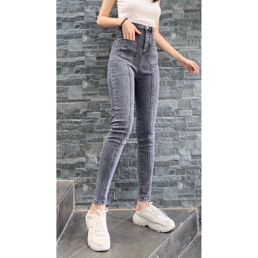 Quần Jeans Nữ Lưng Cao 2 Túi Vuông Trước, Quần Jean Gân 2 Màu Xanh Và Xám Co Giãn Tốt - 501