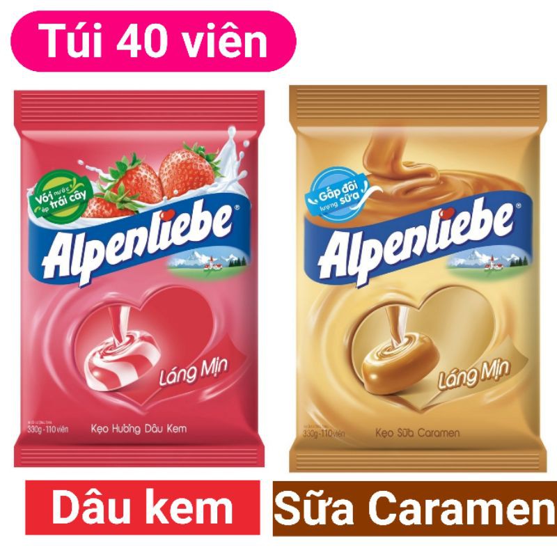 Túi kẹo Alpenliebe® Vị Dâu Kem và Sữa Caramen gói 34 viên