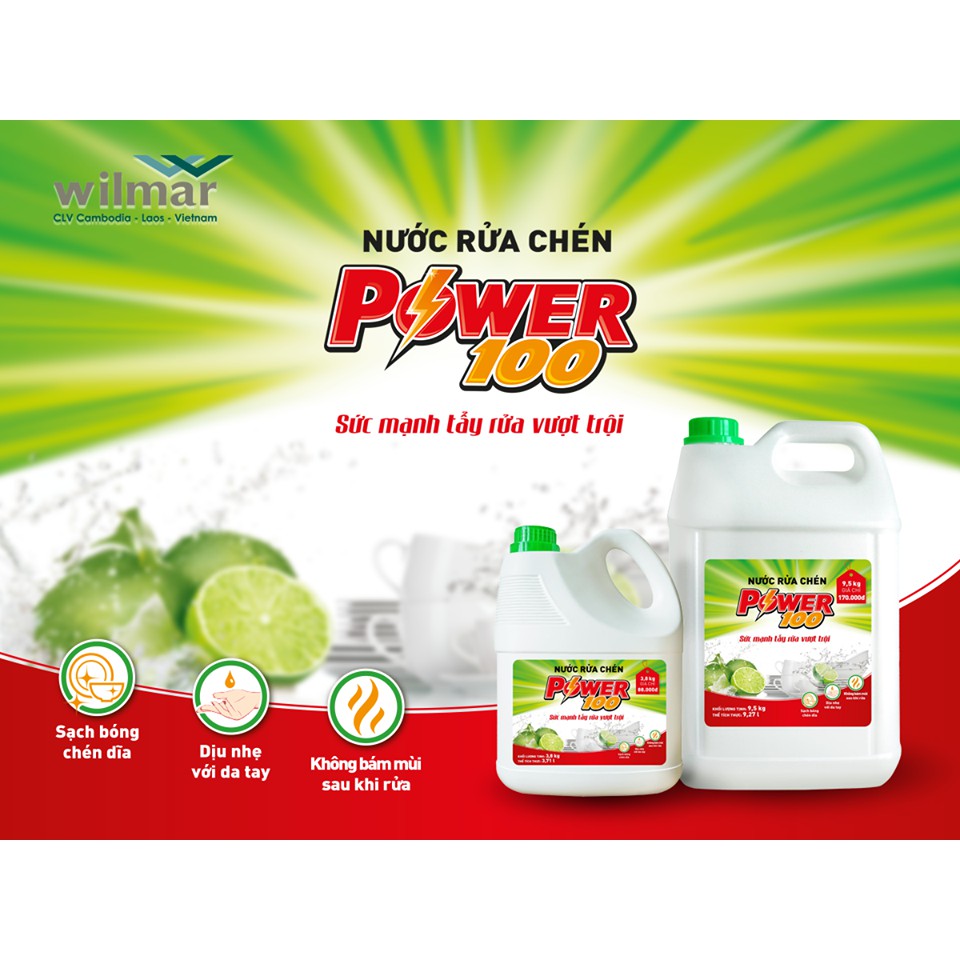 Nước rửa chén POWER100 3.8kg [Toàn quốc] (chiết xuất chanh)