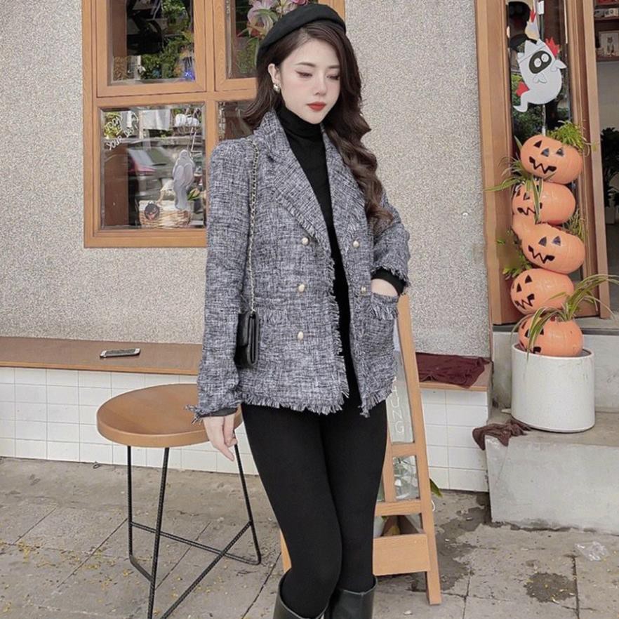 Áo Dạ Tweed Dài Tay Nữ TEMA - Áo Dạ Tweed Xám Ghi Tua Rua Siêu Xinh | BigBuy360 - bigbuy360.vn