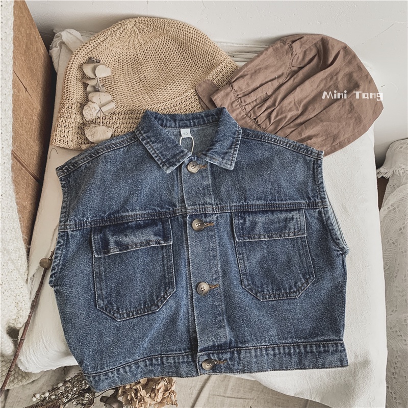 MNGRL Áo Khoác Denim Không Tay Phong Cách Hàn Quốc Dành Cho Bé Trai