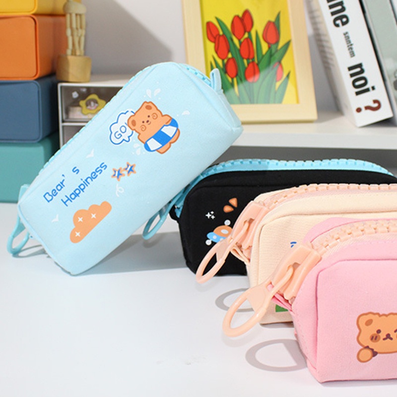 Túi Đựng Bút Sức Chứa Lớn Có Khóa Kéo In Họa Tiết Gấu Dễ Thương