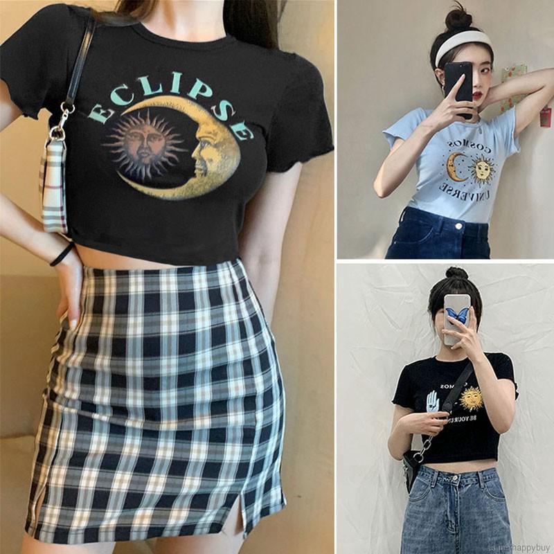 Áo Croptop Ngắn Tay In Hình Mặt Trăng / Mặt Trời Kiểu Hàn Quốc Xinh Xắn Cho Nữ