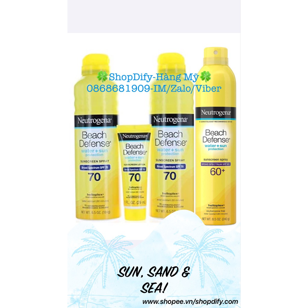 Kem Chống Nắng Neutrogena Beach Defense Water + Sun Protection Sunscreen Lotion SPF 60-70 Dạng Tuýp 29ml, Xịt 184g, 240g