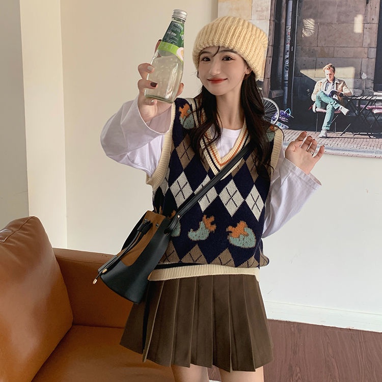 Áo Dệt Kim Cổ Chữ V Dáng Rộng Phong Cách Học Sinh Thời Trang Mới Cho Nữ