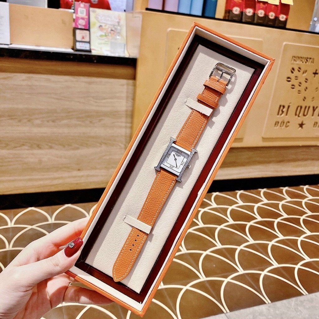 Đồng hồ Hermes Heure H Double Jeu nữ dây da - Viền Ceramic Mặt Đính Đá - Size 26x32mm hermes