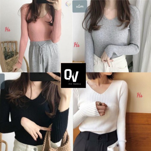 Áo bo gân dài tay cổ V ,chầt dày dặn , hàng xịn - Shop Q&amp;V