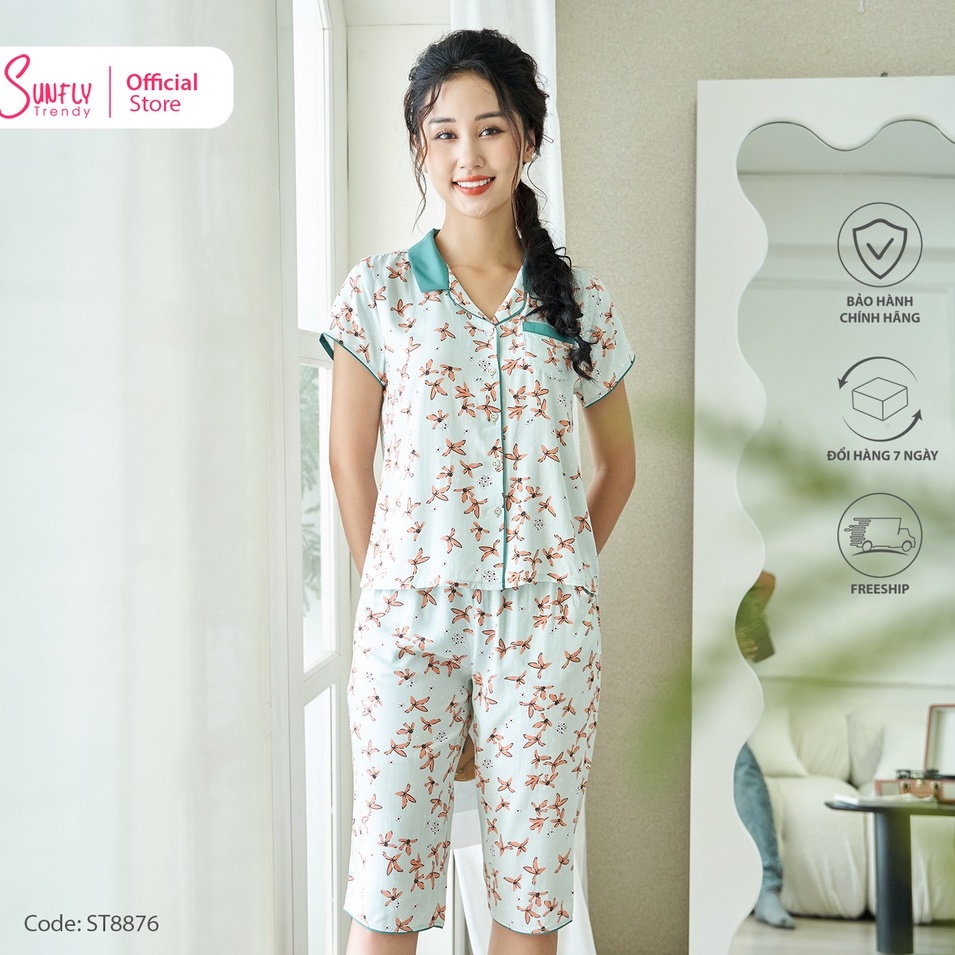 Bộ mặc nhà nữ pijamas lanh SUNFLY áo cộc, quần trên gối ST8876