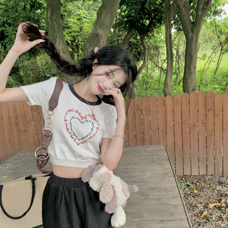 Áo thun dệt kim ZHELIHANGFEI tay ngắn hở eo thêu chữ dễ thương thời trang