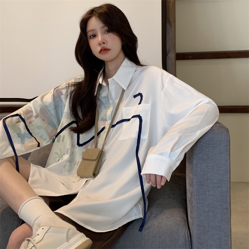 Áo sơ mi ZHELIHANGFEI dài tay dáng rộng họa tiết độc đáo thời trang dành cho nữ