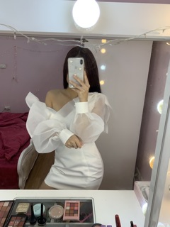 ❌ [ Váy dự tiệc nơ vai tay voan Hàn quốc ] kèm ảnh thật tự chụp