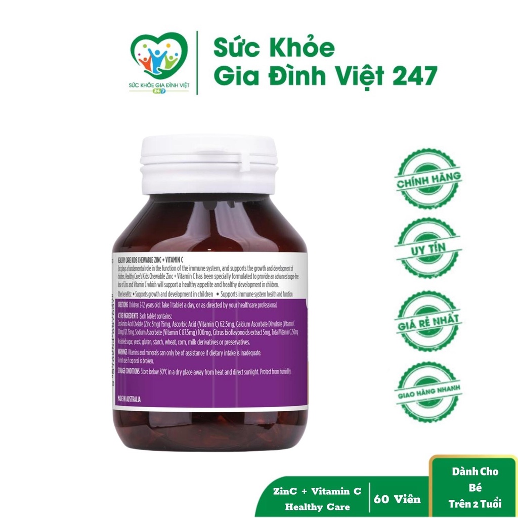 Viên Nhai Kẽm Zinc + Vitamin C Healthy Care - Bổ Sung Kẽm Tăng Đề Kháng Phát Triển Toàn Diện (60 viên vị dâu)