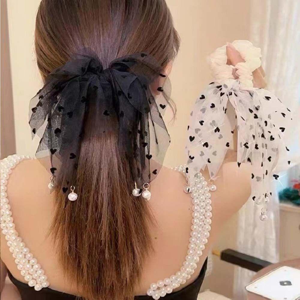 Dây Buộc Tóc Cao Su Co Giãn Phối Lưới Hình Trái Tim Cho Nữ