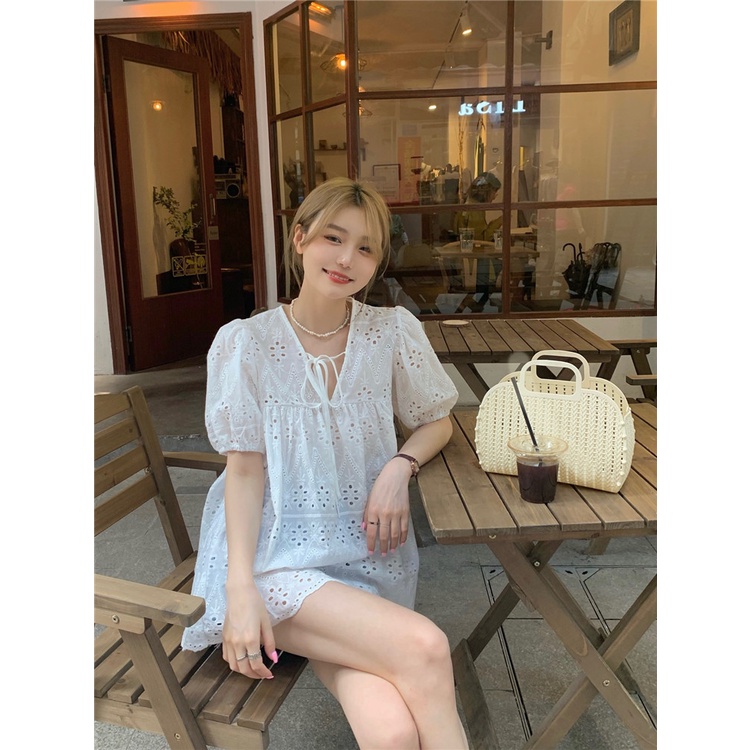 Áo Sơ Mi Trắng Tay Ngắn Phồng Dáng Rộng Phối Ren Thời Trang Mùa Hè Pháp Thanh Lịch