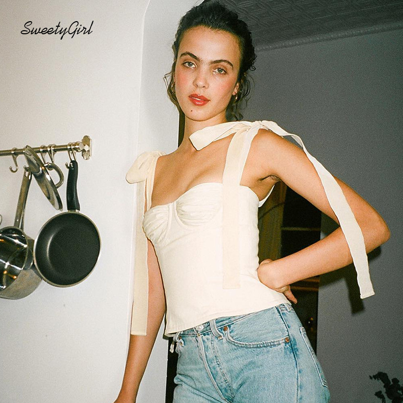 Áo tanktop hai dây thắt nơ thời trang dễ phối không tay dáng ôm màu trơn dành cho nữ