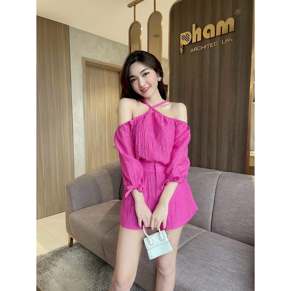 Set áo cổ chéo có mút và quần ngắn xinh xắn