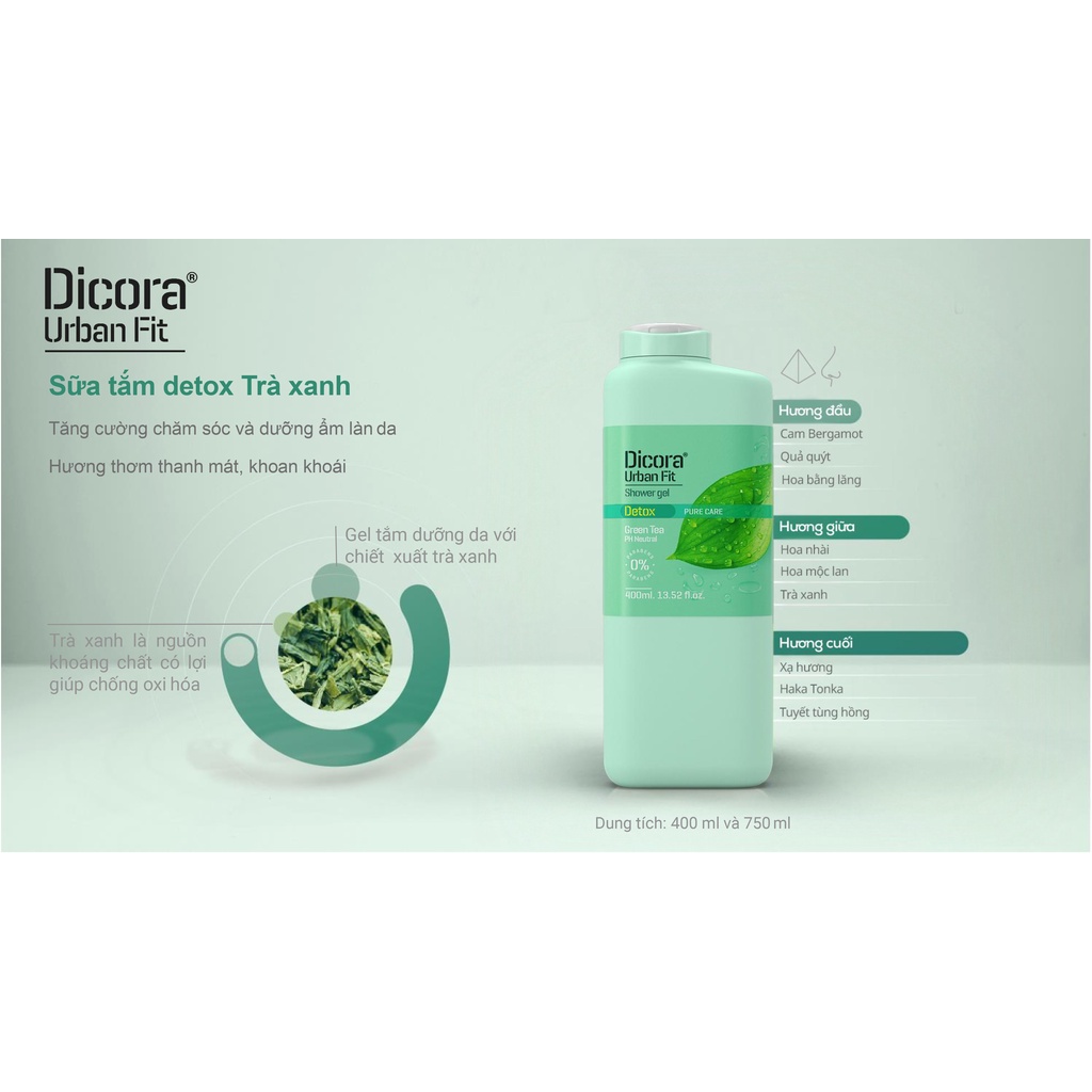 Sữa tắm Detox Dicora Urban Fit Pure Care Green Tea Trà Xanh 400ml - BioTopcare Official