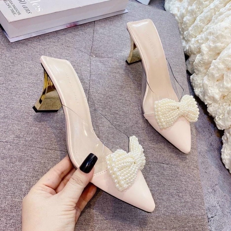Giày sục gót màu vàng xinh  xắn bản nơ hột châu cao 7cm da mờ quai Mika hót.