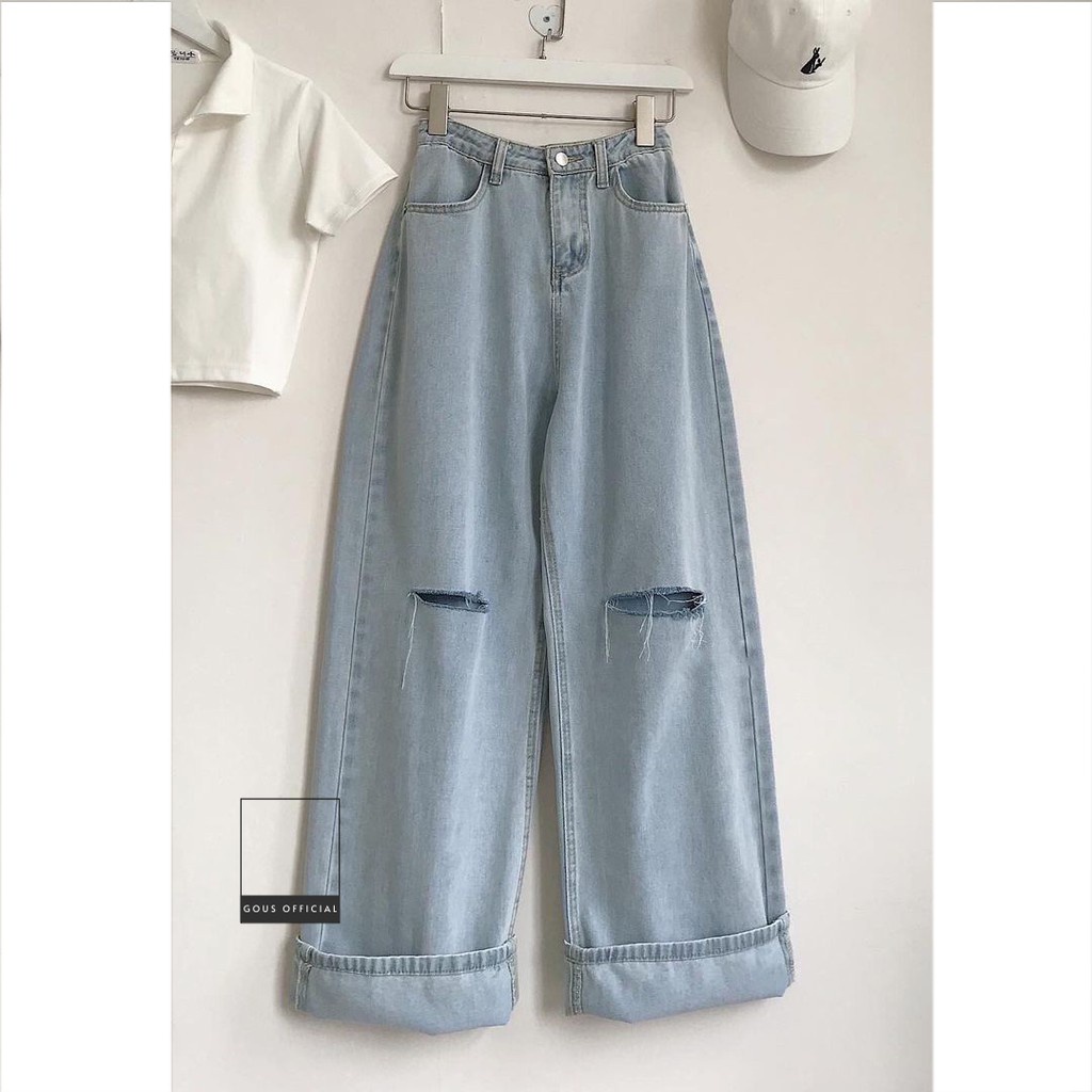 Quần Jean Nữ Form Rộng Quần Bò Thiết Kế Dáng Suông Ống Đứng Rách Gối Cá Tính Năng Động BYKO Màu Xanh 2682 GOUS OFFICIAL