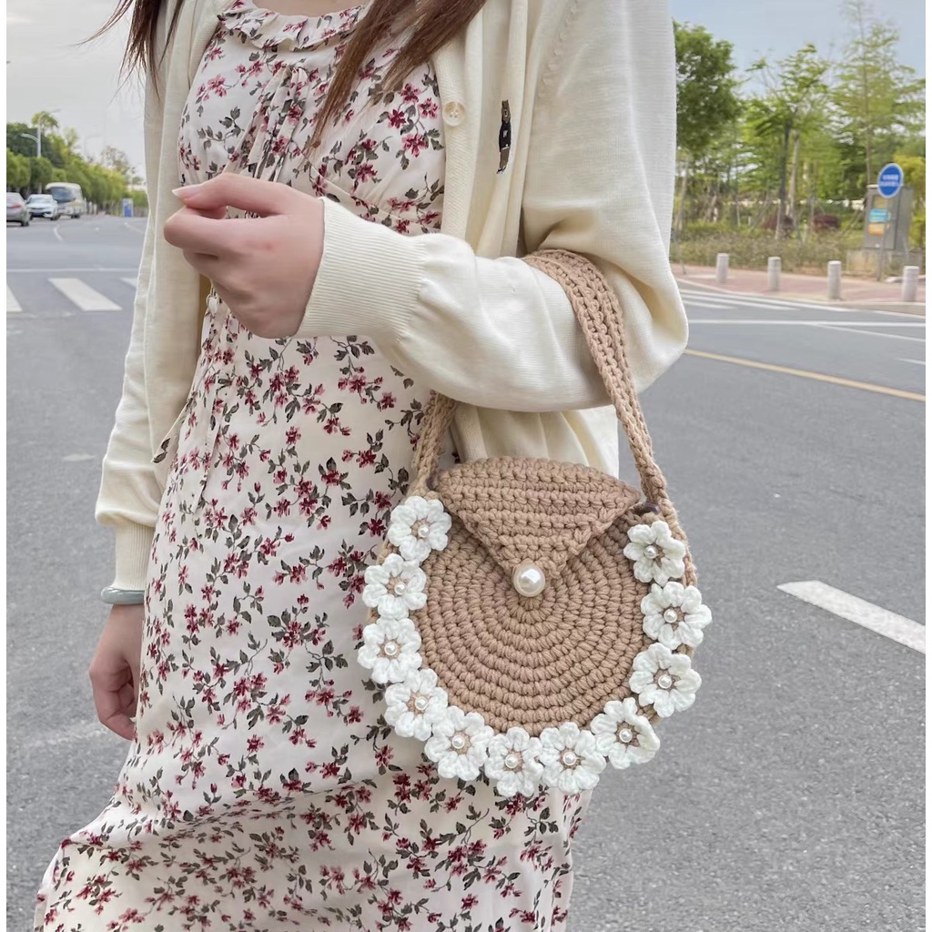 Túi tròn sợi simply cotton, túi len handmade viền hoa nhí vintage CHILLMEOW