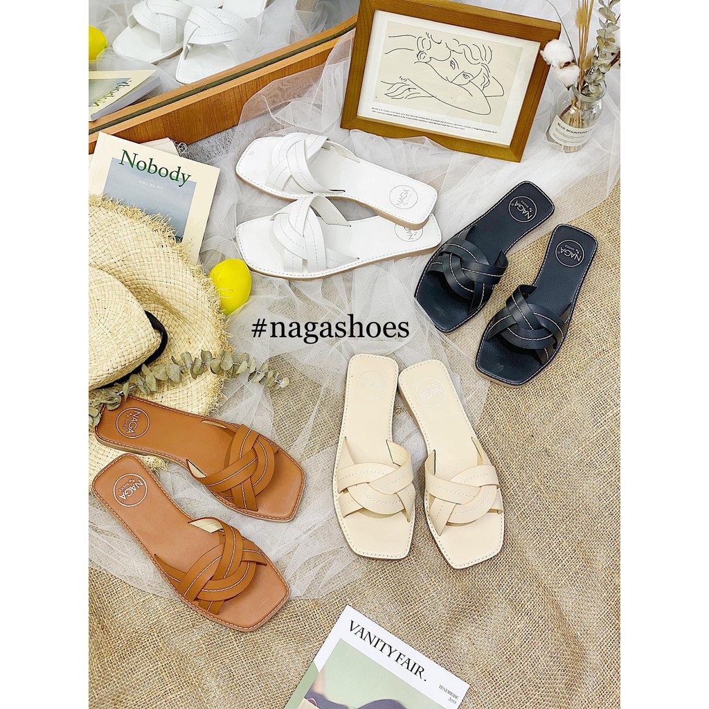 DÉP NAGASHOES MŨI VUÔNG QUAI CHÉO VIỀN CHỈ NAD98