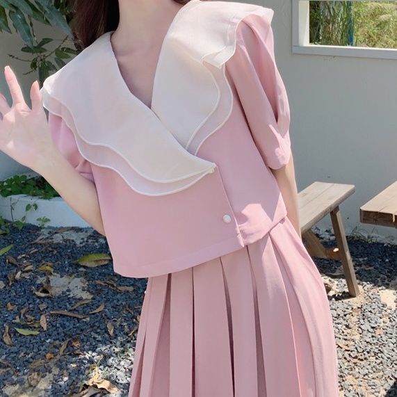 2022 summer new French bubble sleeve temperament lotus leaf collar short jacket + A pleated skirt two sets